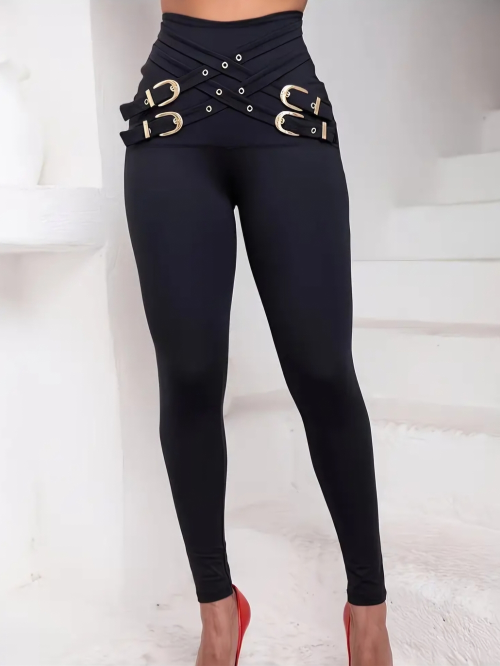 High-Waist Black Buckle Detail Leggings
